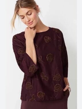 J Jill Pure Jill Women's Valley Embroidered Top, Small , Purple/Brown